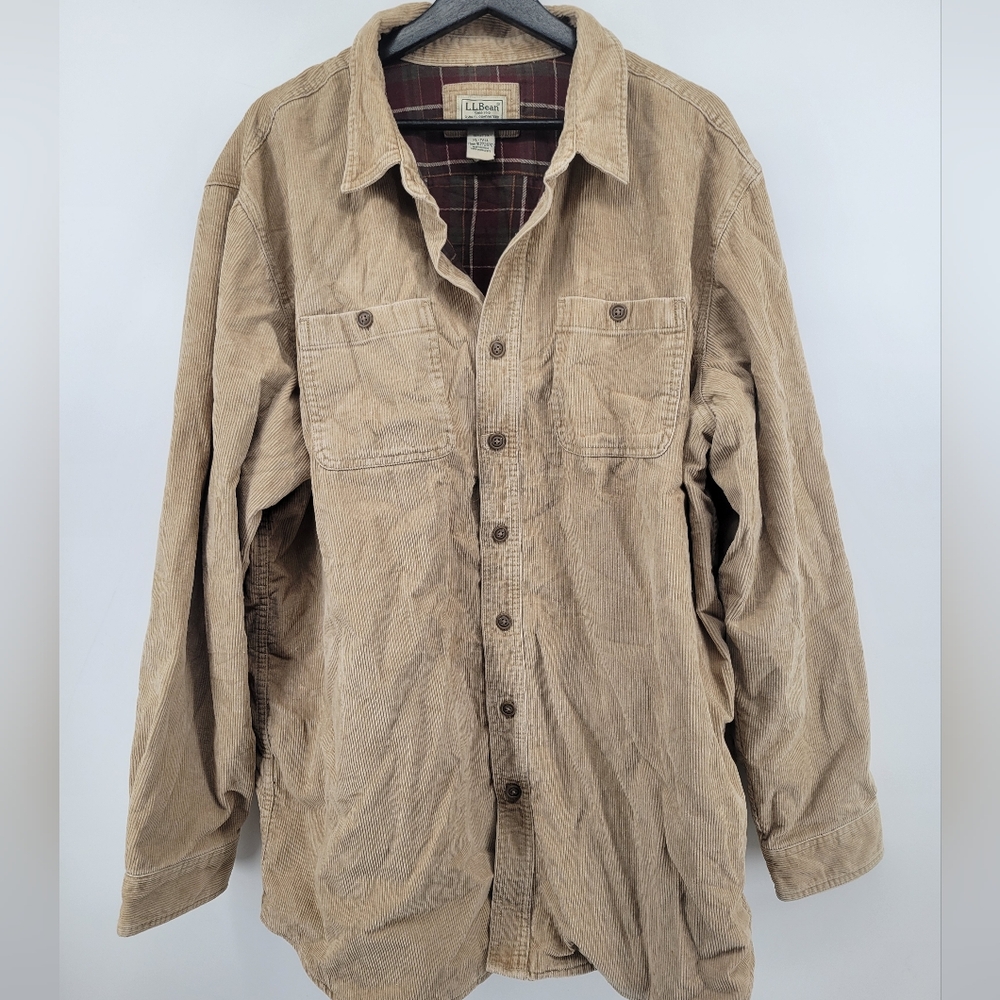L.L. Bean Tan Corduroy Shirt Jacket Plaid Flannel Lined Size XL Tall